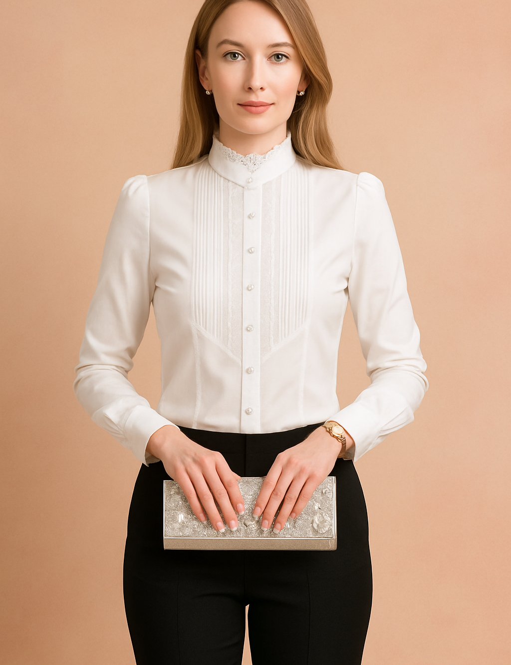 Witte blouse met opstaande kraag, plissédetails en parelknoopsluiting, ideaal voor formele of zakelijke gelegenheden.