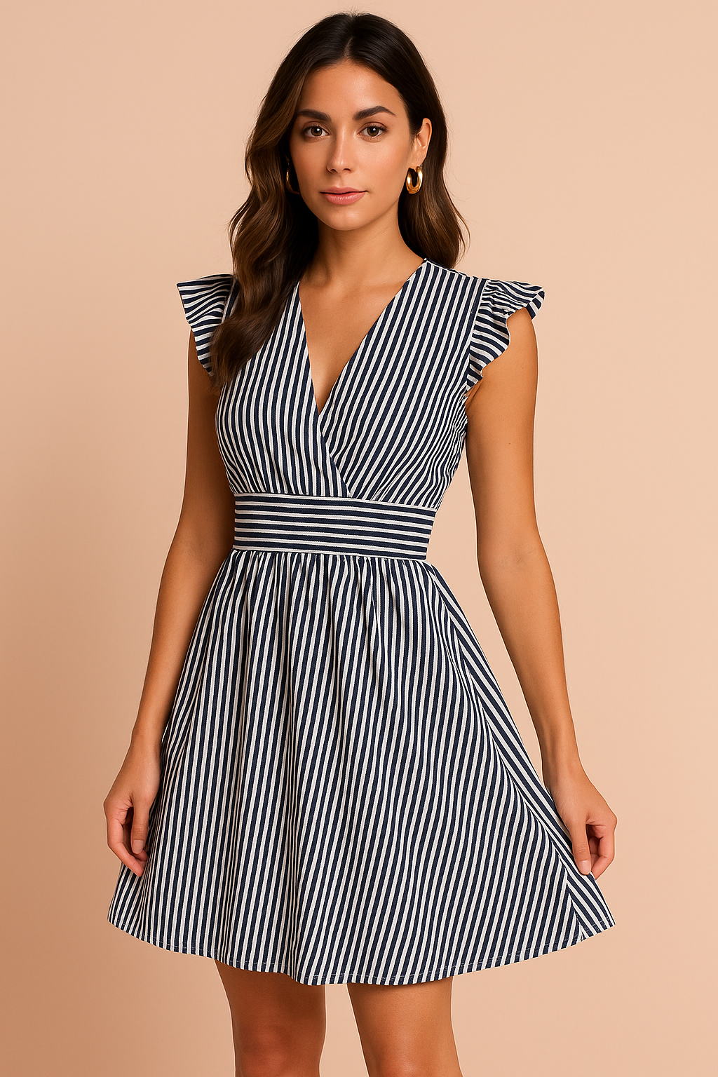 Mouwloze mini jurk met V-hals, verticale donkerblauw-witte strepen en volant schouders