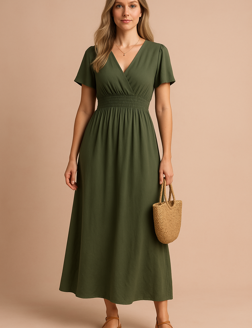Olijfgroene midi-jurk met korte mouwen, overslagtop en elastische gesmokte taille, gemaakt van effen lichtgewicht stof.