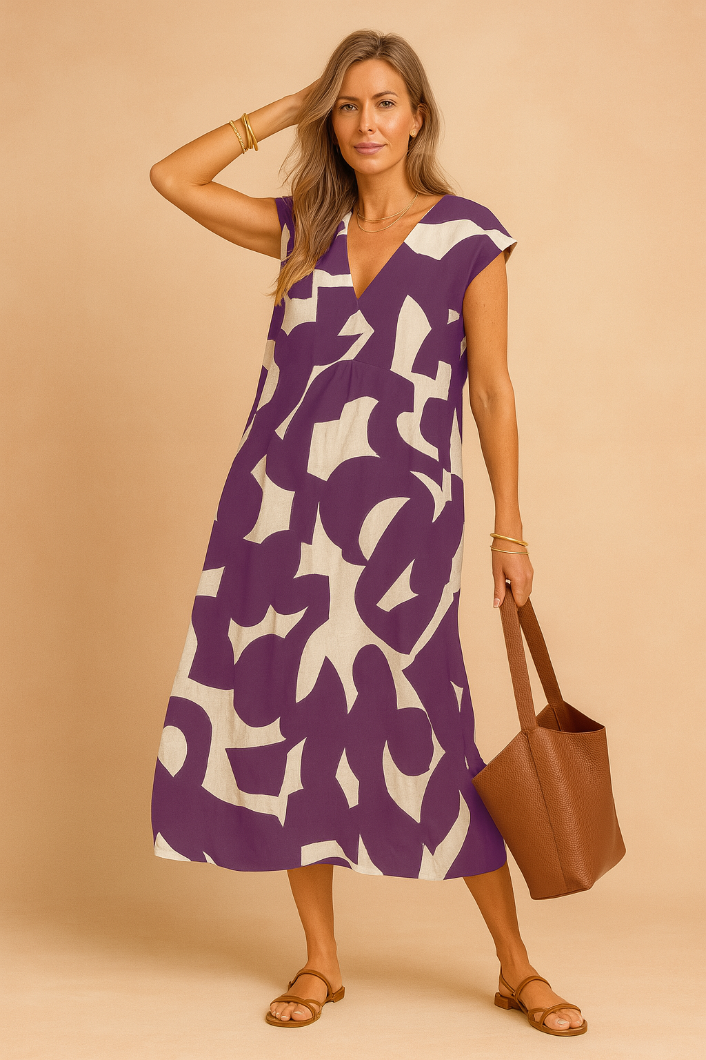 Paarse midi-jurk met abstracte print en V-hals