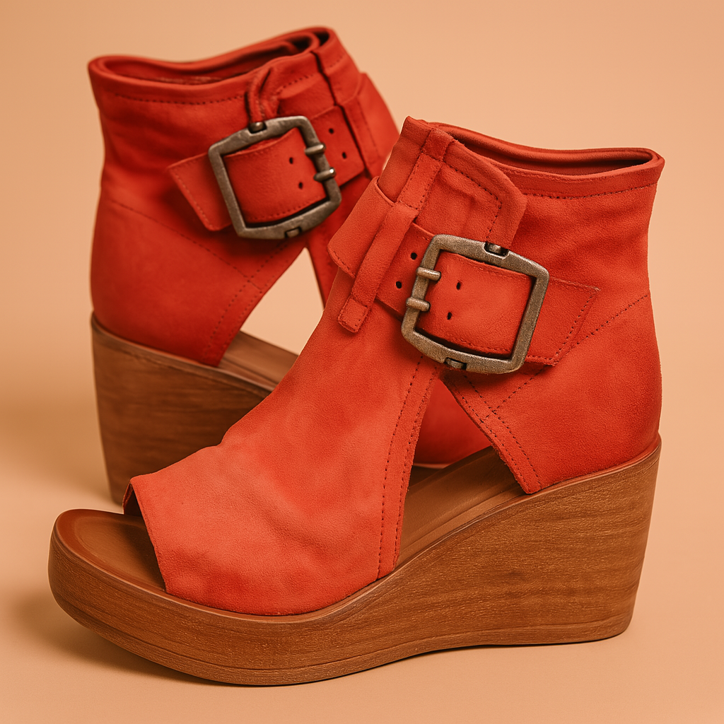 Dames plateau sandalen met houten sleehak en robuuste gesp