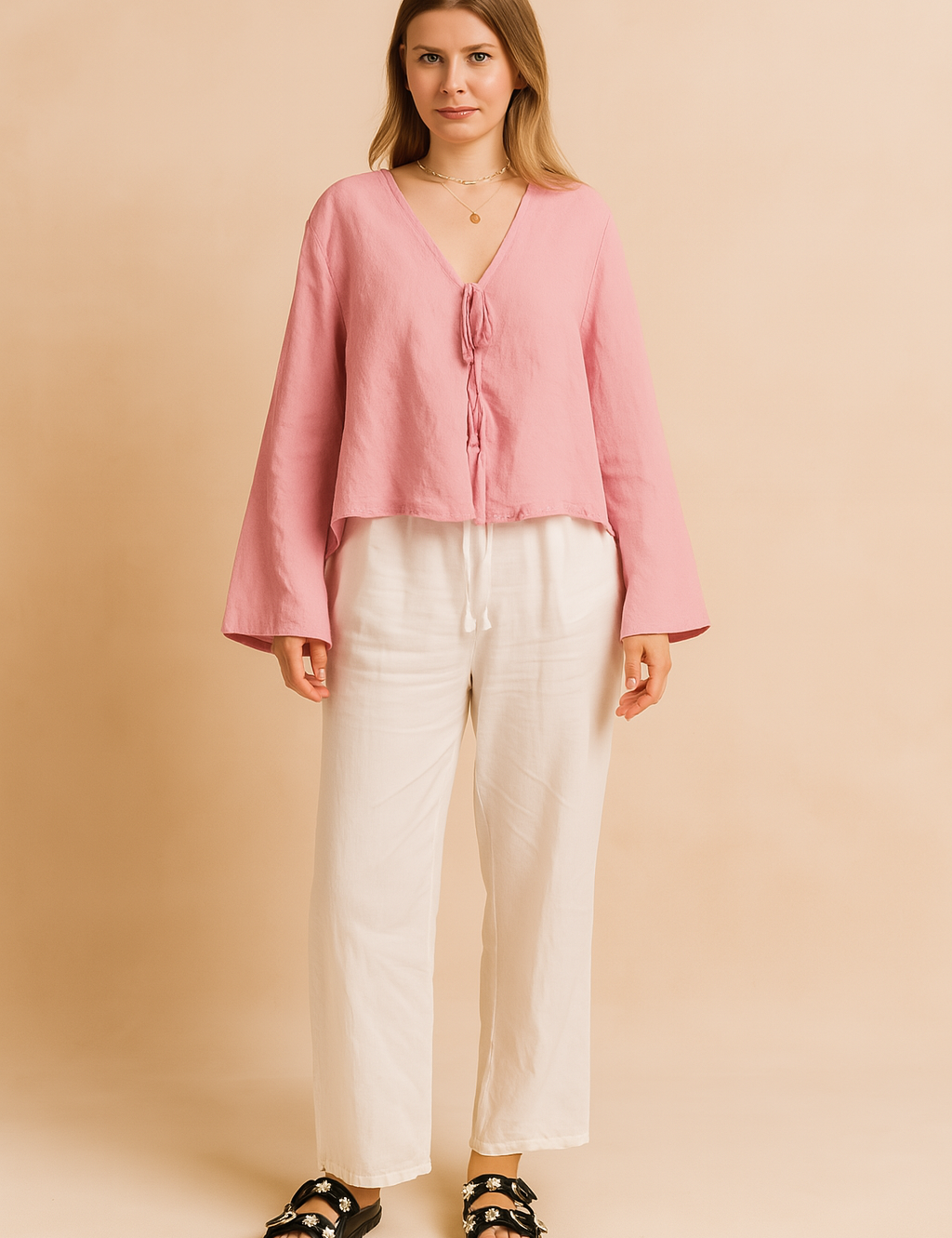 Losvallende roze blouse met striksluiting aan de voorkant, lange mouwen en licht kreukeleffect in luchtige linnenmix.