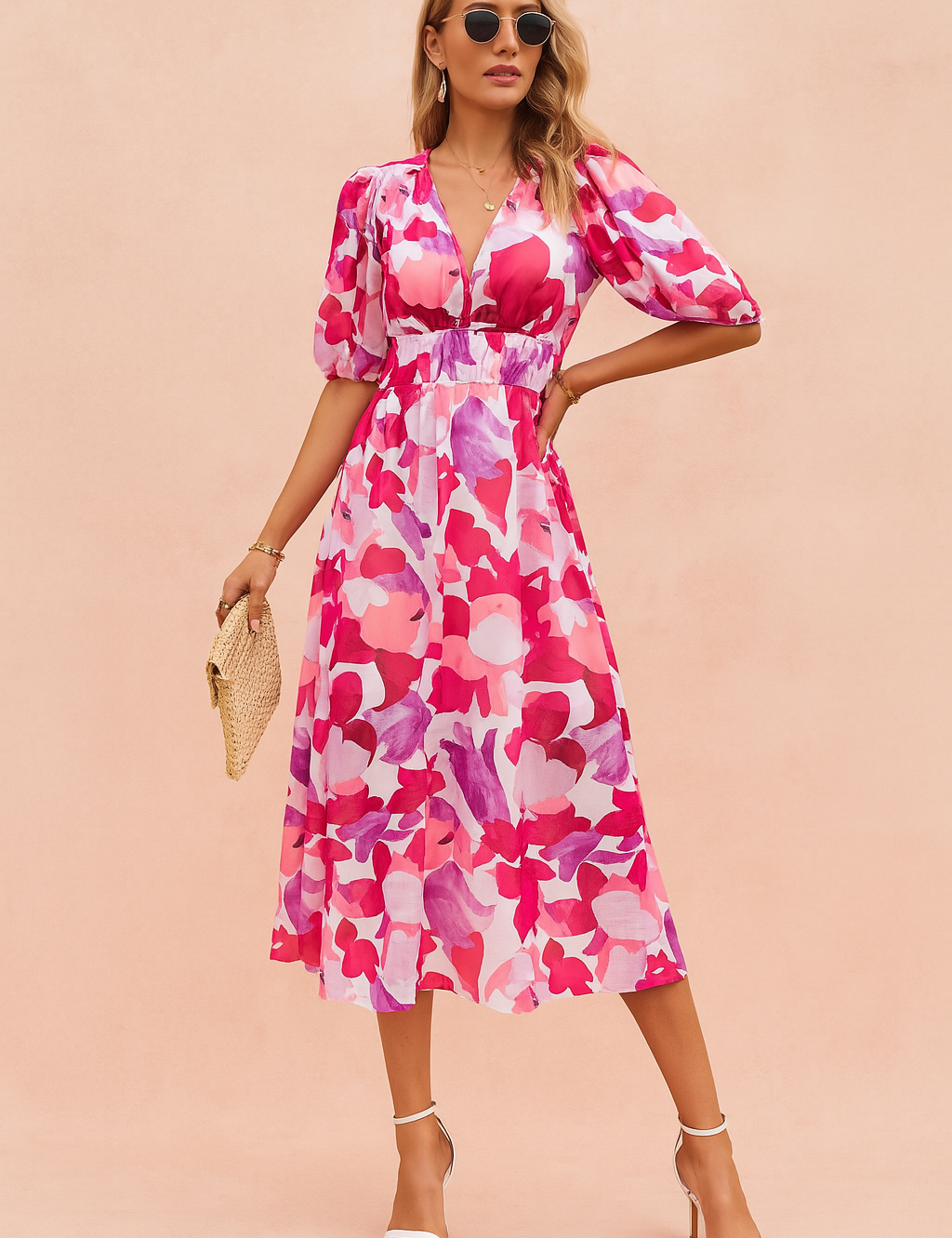 Midi-jurk met roze en groene bladprint, V-hals en driekwart mouwen, met gesmokte taille en gelaagde rok.