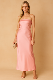 Roze strapless satijnen avondjurk voor dames