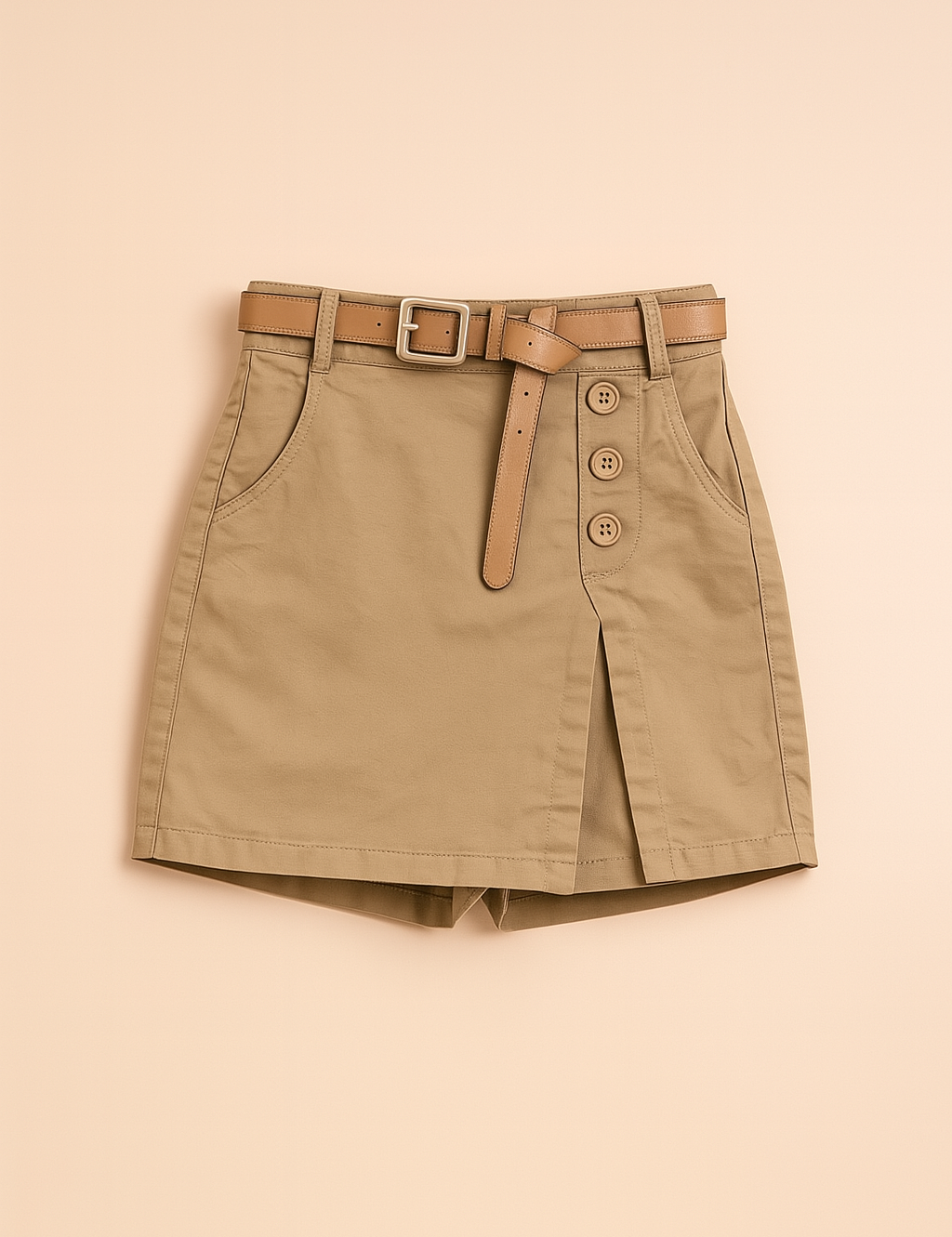 Khaki skort met hoge taille, knopen aan de voorkant en een lichtbruine riem, gecombineerd met een wit ribhemd — casual en zelfverzekerd voor zomerse dagen.