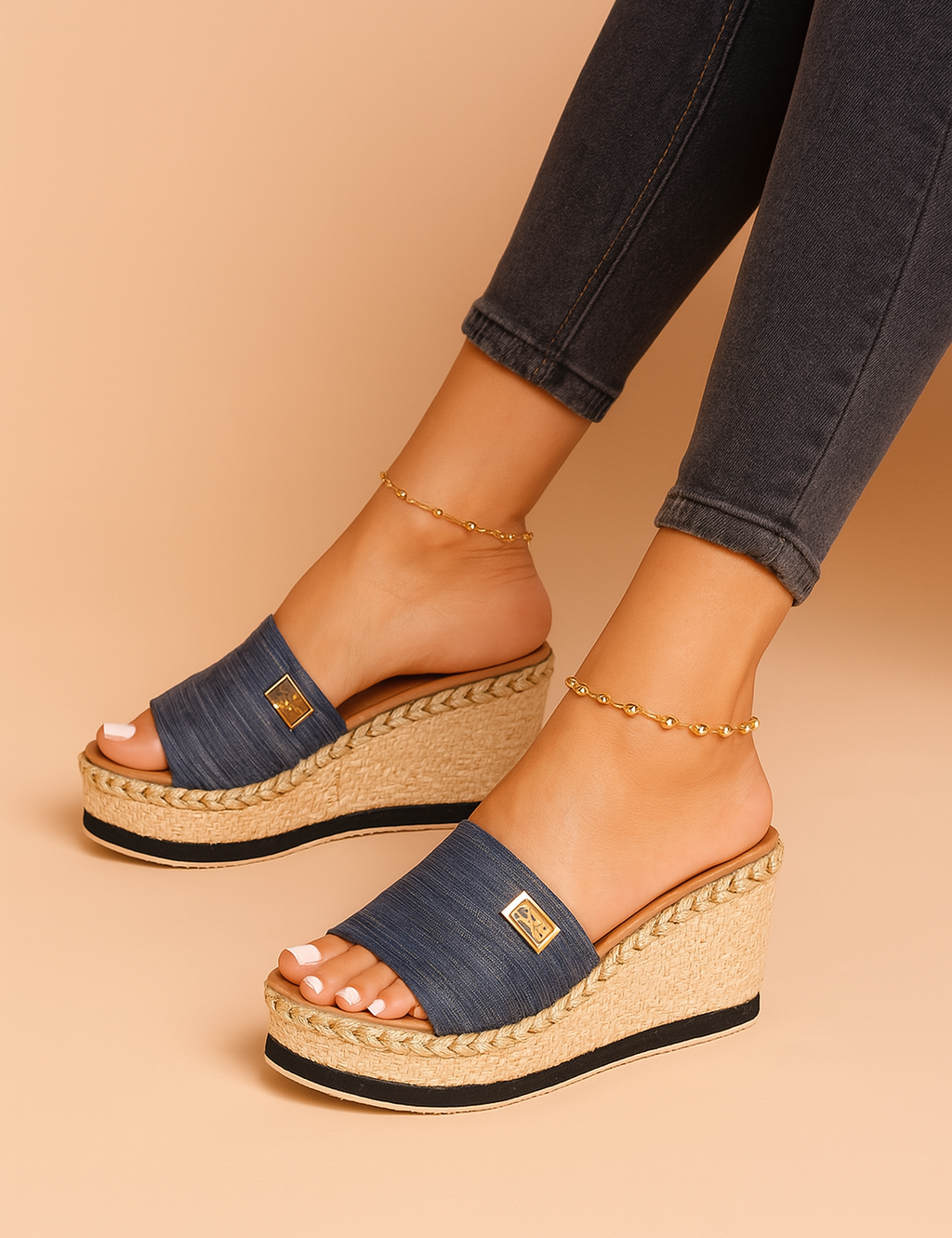 Sleehak sandaal met gevlochten plateauzool en brede instapband, ideaal voor zomerse outfits en casual gelegenheden.