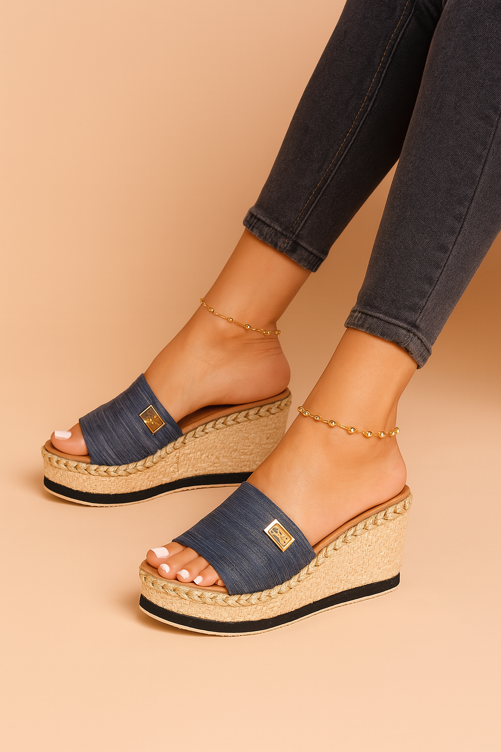 Sleehak sandaal met gevlochten plateauzool en brede instapband, ideaal voor zomerse outfits en casual gelegenheden.