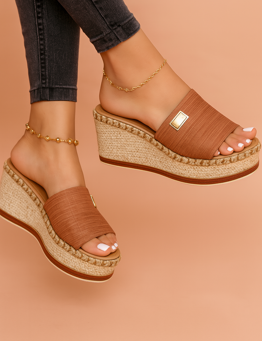 Sleehak sandaal met gevlochten platformzool en brede instapband met goudkleurig detail, perfect voor casual en zomerse styling.