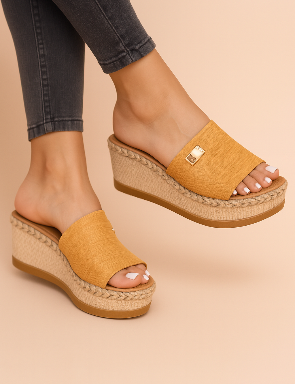 Sleehak sandaal met gevlochten platformzool en brede instapband met goudkleurig decoratief detail, perfect voor zonnige dagen en vakantie-outfits.