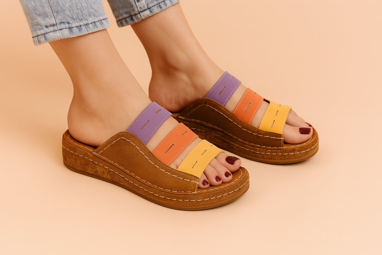 Opvallende kleurrijke platform sleehak sandalen met bruine lederen look en bandjes in geel, oranje en violet—stijlvol en comfortabel voor warme dagen.