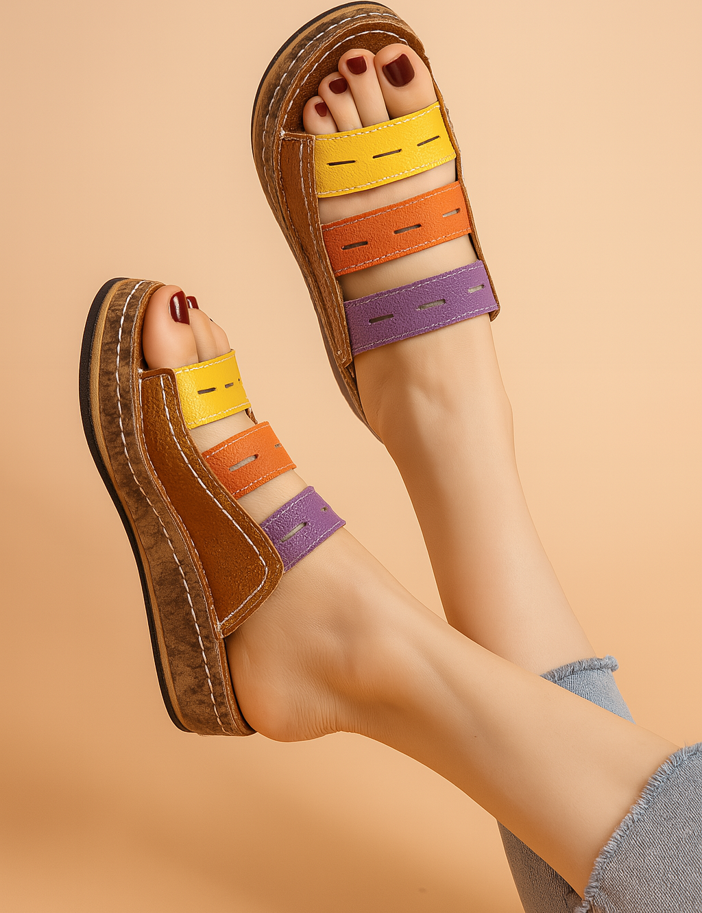 Opvallende kleurrijke platform sleehak sandalen met bruine lederen look en bandjes in geel, oranje en violet—stijlvol en comfortabel voor warme dagen.
