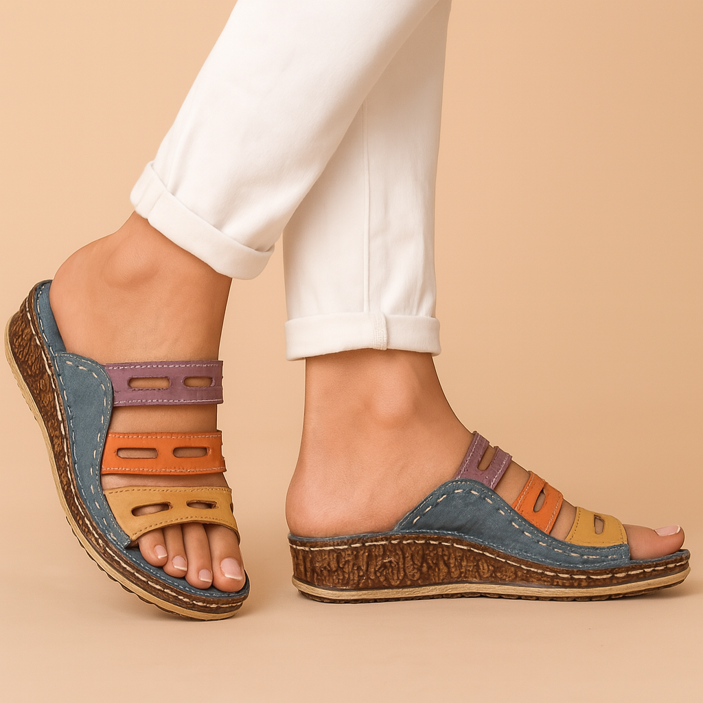 Kleurrijke dames sleehak sandalen met denimblauwe basis en gestikte bandjes in mosterdgeel, oranje en lila—ontworpen voor dagelijks gebruik.