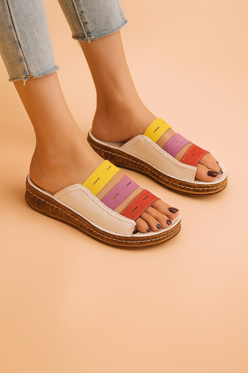 Dames sleehak sandalen met zachte zool, witte basis en kleurrijke bandjes in olijfgroen, paars en terracotta—ideaal voor zomers comfort.