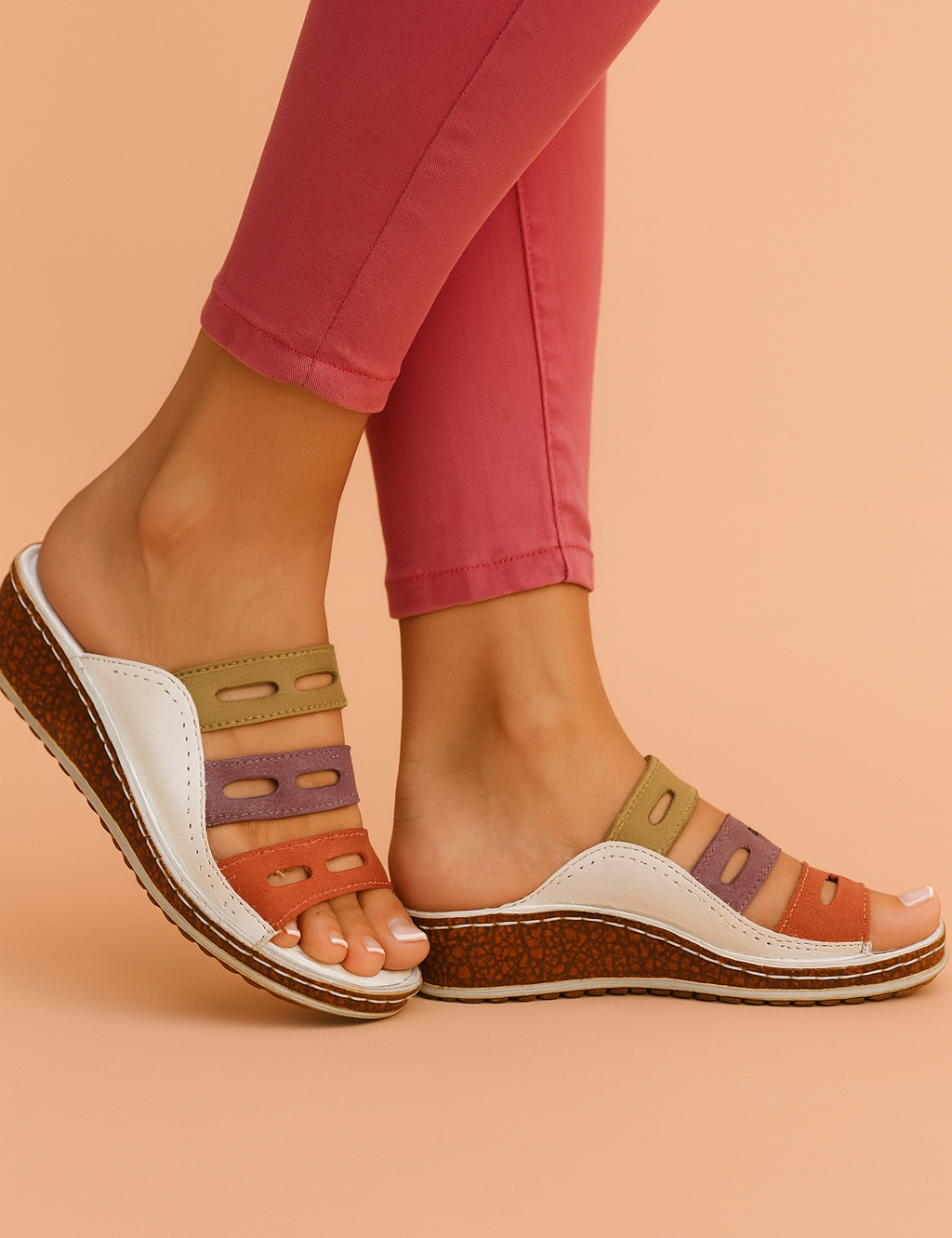 Dames sleehak sandalen met zachte zool, witte basis en kleurrijke bandjes in olijfgroen, paars en terracotta—ideaal voor zomers comfort.
