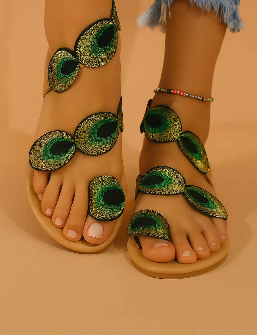 Statement sandaal met platte zool en opvallende geborduurde pauwveren, perfect voor een unieke en elegante look.