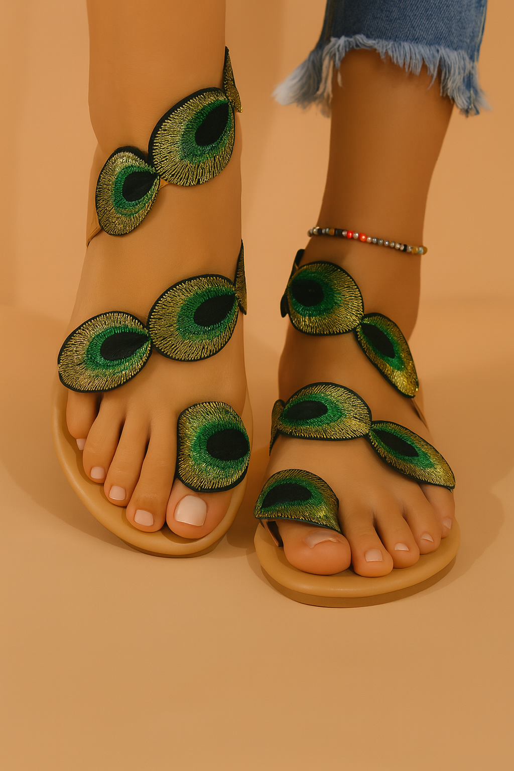 Statement sandaal met platte zool en opvallende geborduurde pauwveren, perfect voor een unieke en elegante look.