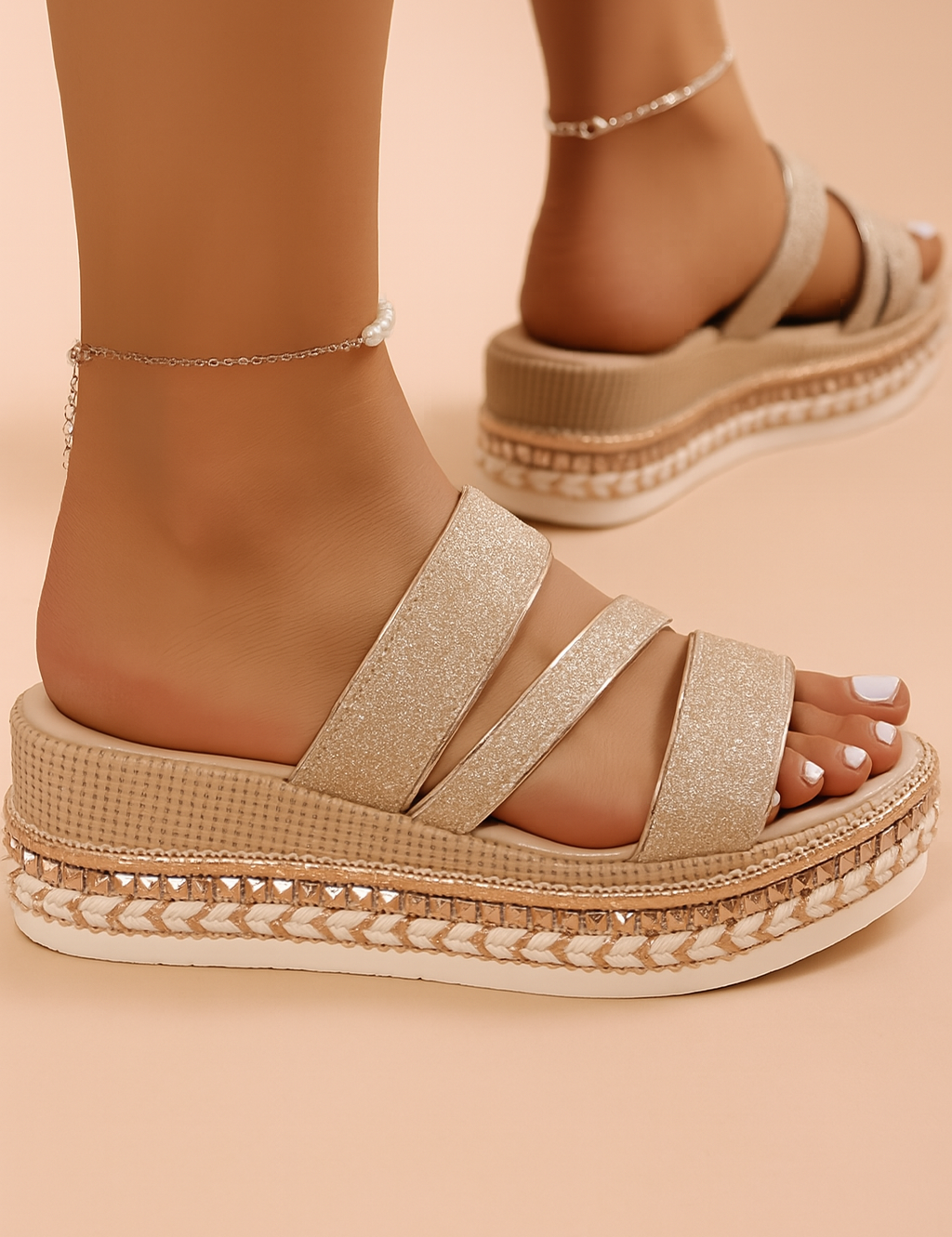 Trendy dames plateau sandaal met glinsterende bandjes en gevlochten zoolafwerking voor een zomerse look