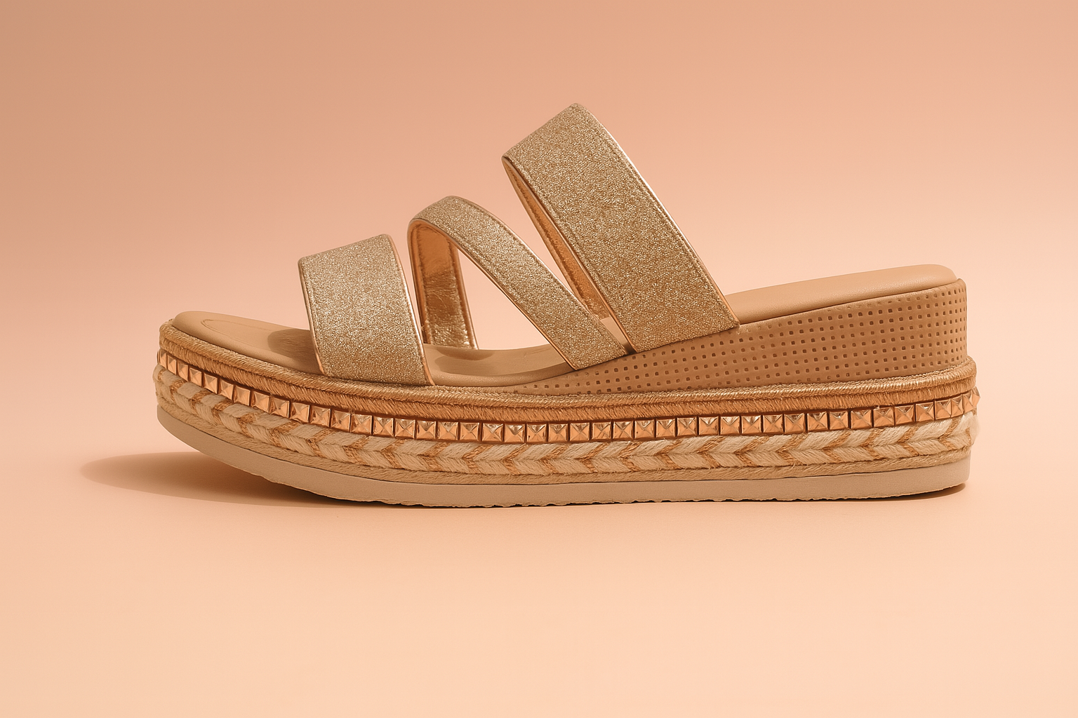 Trendy dames plateau sandaal met glinsterende bandjes en gevlochten zoolafwerking voor een zomerse look