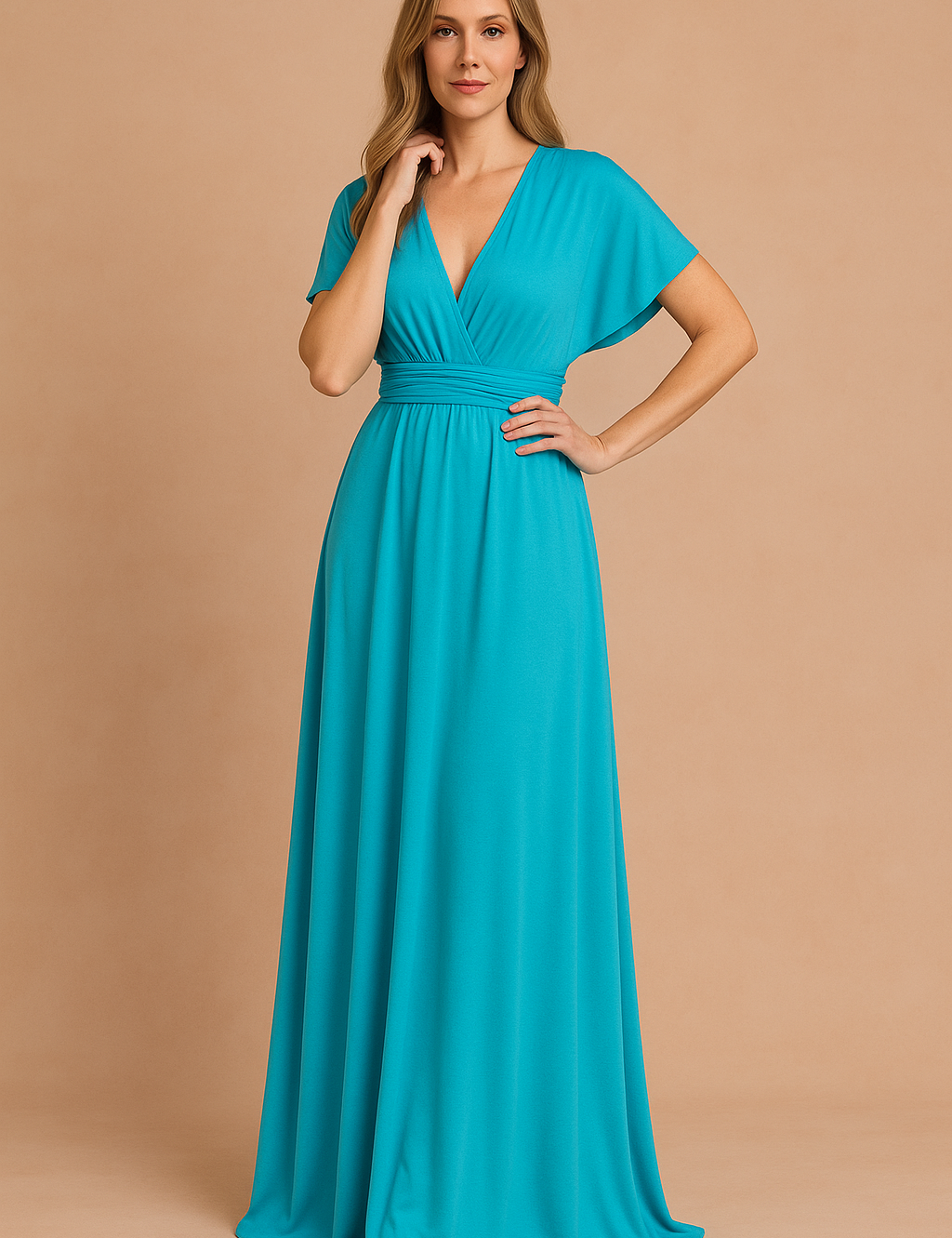 Turquoise maxi-jurk met vlindermouwen, overslagtop en elastische tailleband in gladde effen stof.