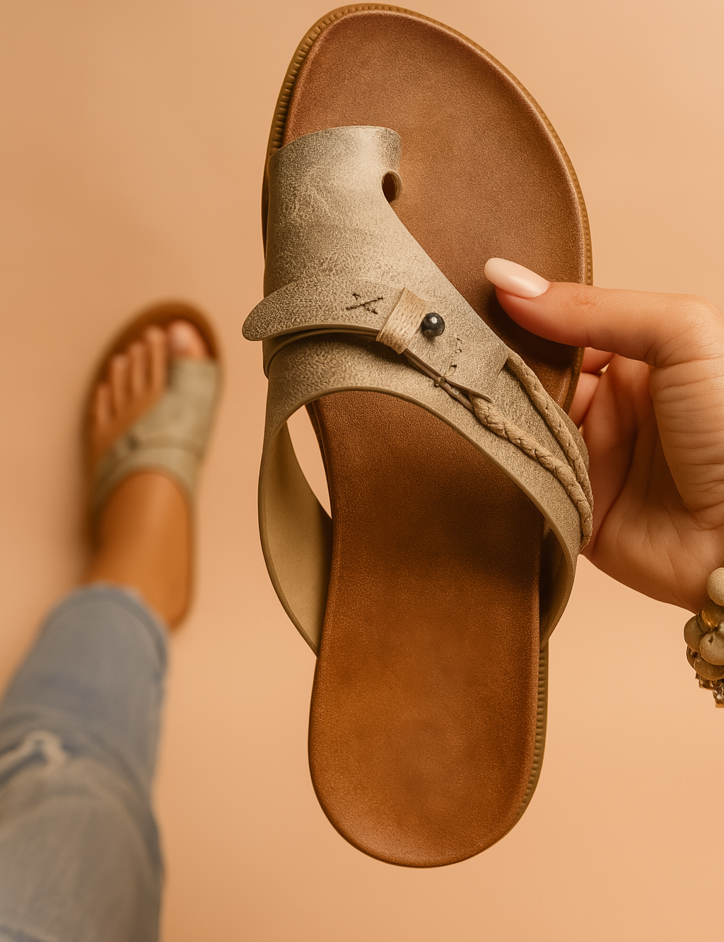 Vrouwenslipper met asymmetrische teenscheiding en decoratieve vlechtband voor een trendy en comfortabele look