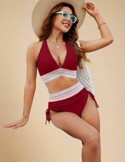Wijnrode halter-bikini met hoge taille en gebreide tailleband met zigzag patroon
