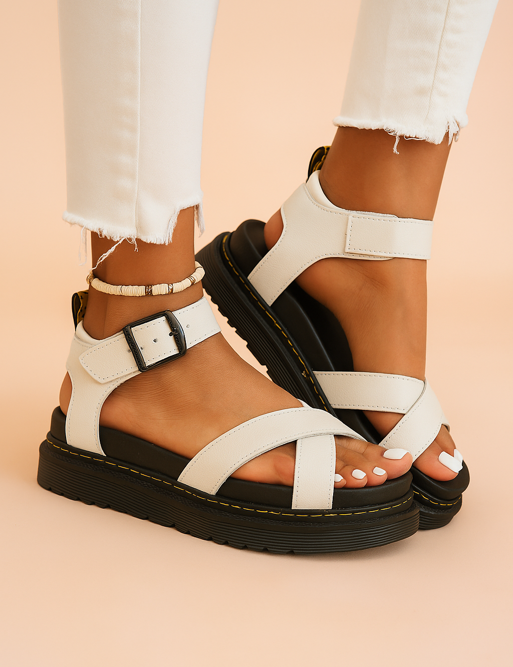 Witte crossover platformsandaal met enkelgesp en gewatteerde zwarte zool voor een stijlvolle zomerse look.