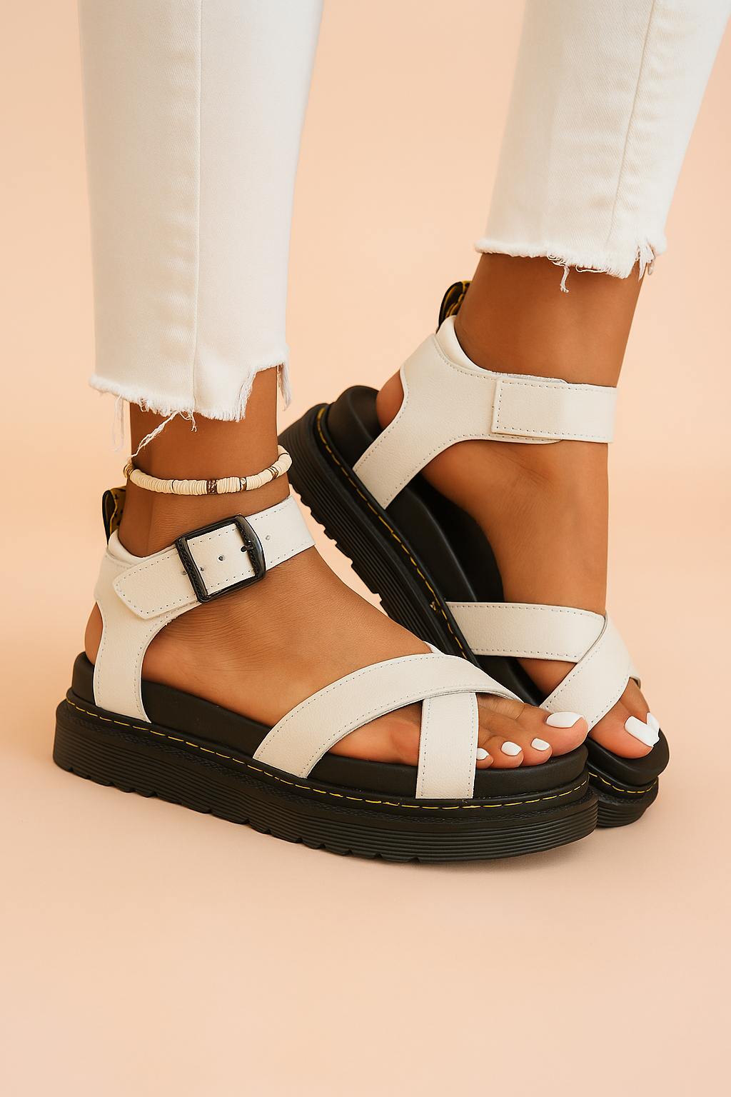 Witte crossover platformsandaal met enkelgesp en gewatteerde zwarte zool voor een stijlvolle zomerse look.