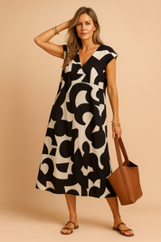 Zwart-witte midi-jurk met abstracte print en V-hals