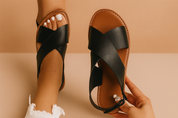 Zwarte klassieke platte sandalen met brede gekruiste leren bandjes en amandelbruin voetbed—stijlvol en moeiteloos te combineren.