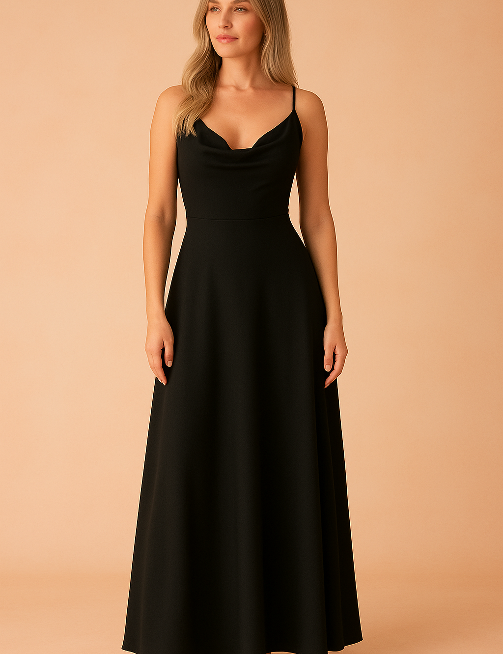 Zwarte maxi-jurk met elegante watervalhals, aansluitende taille en verstelbare spaghettibandjes voor een avondlook.