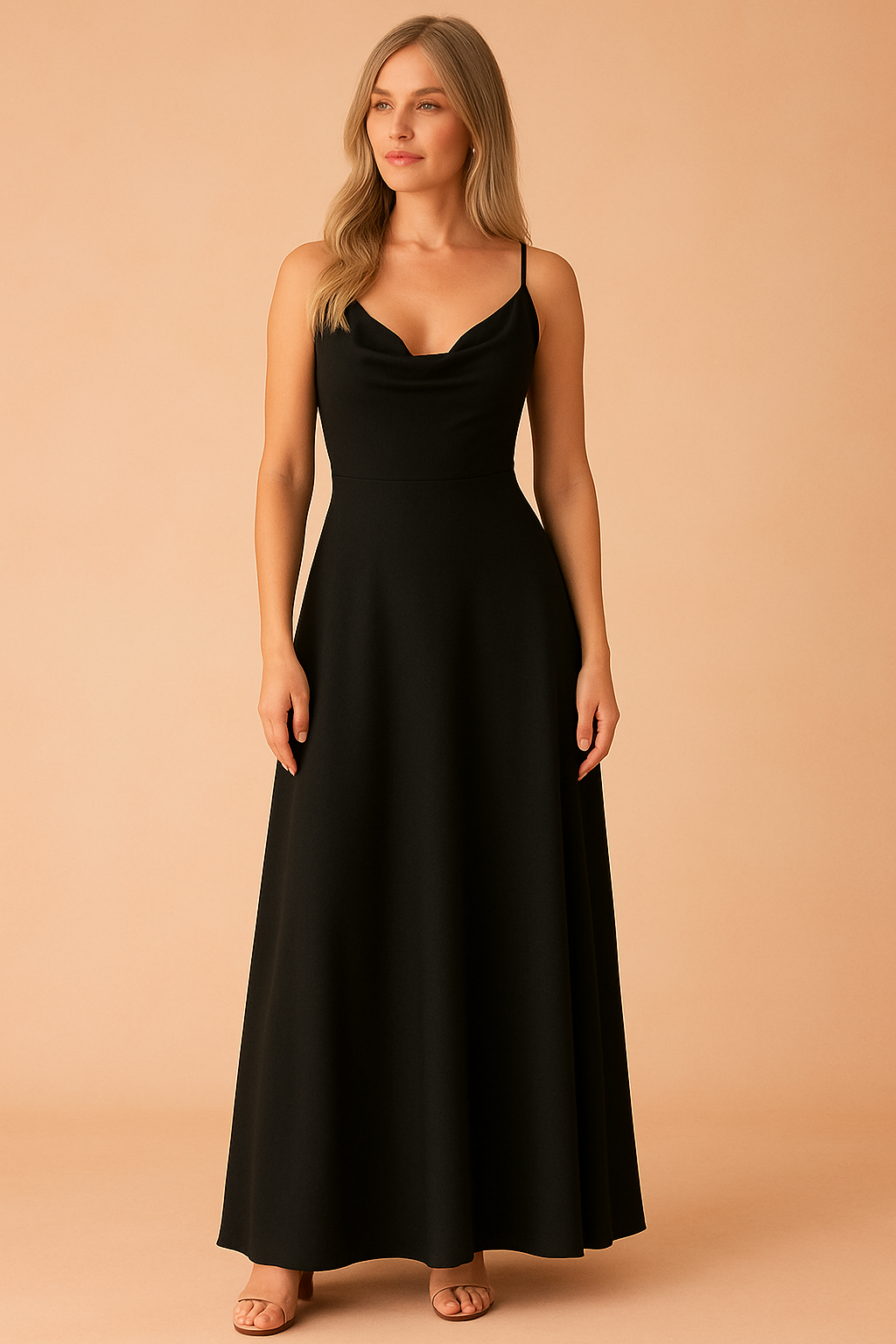 Zwarte maxi-jurk met elegante watervalhals, aansluitende taille en verstelbare spaghettibandjes voor een avondlook.