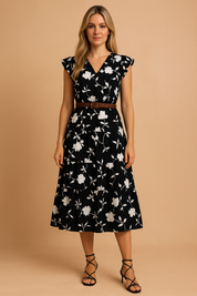 Zwarte midi-jurk met witte bloemenprint, V-hals, ruches aan de schouders en geplooide rok met ceintuur in de taille.