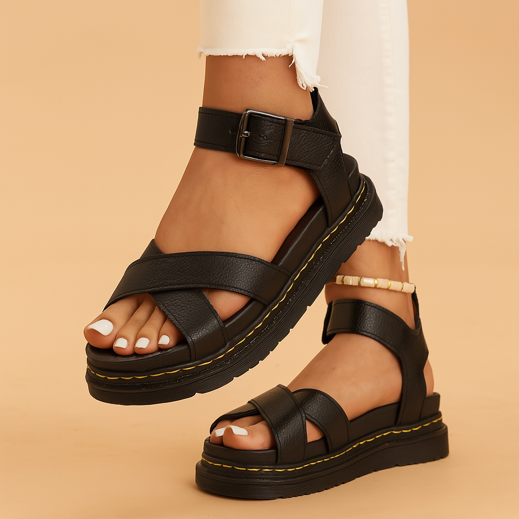 Zwarte platformsandalen met gekruiste bandjes, enkelondersteuning en gesp, voorzien van gele stiksels en grove zool.